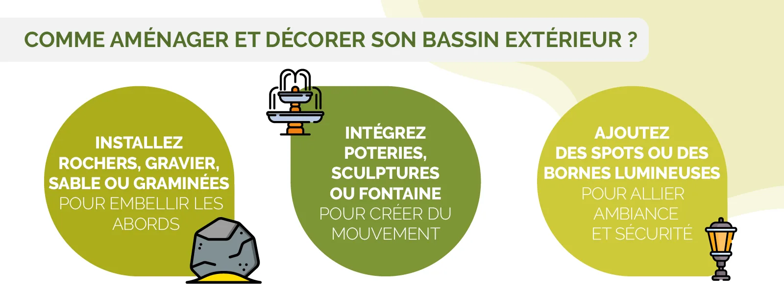 infographie expliquant comment aménager et décorer son bassin d’ornement